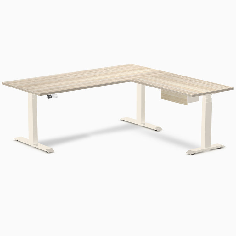 Desky Eco L-Shape Melamine Standing Desk With Drawer, Classic Oak desktop, Wheat frame