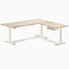 Desky Eco L-Shape Melamine Standing Desk With Drawer, Classic Oak desktop, Wheat frame