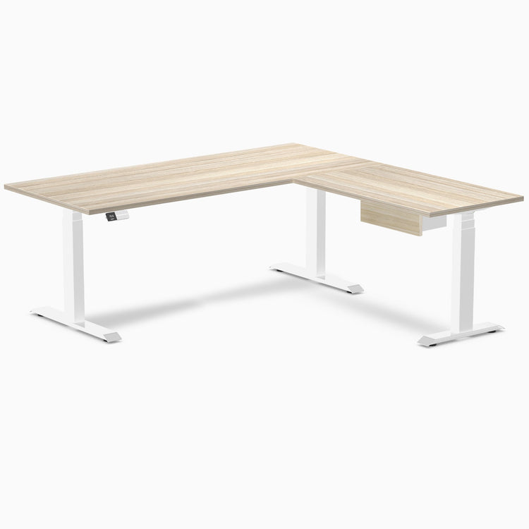 Desky Eco L-Shape Melamine Standing Desk With Drawer, Classic Oak desktop, White frame