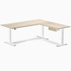 Desky Eco L-Shape Melamine Standing Desk With Drawer, Classic Oak desktop, White frame