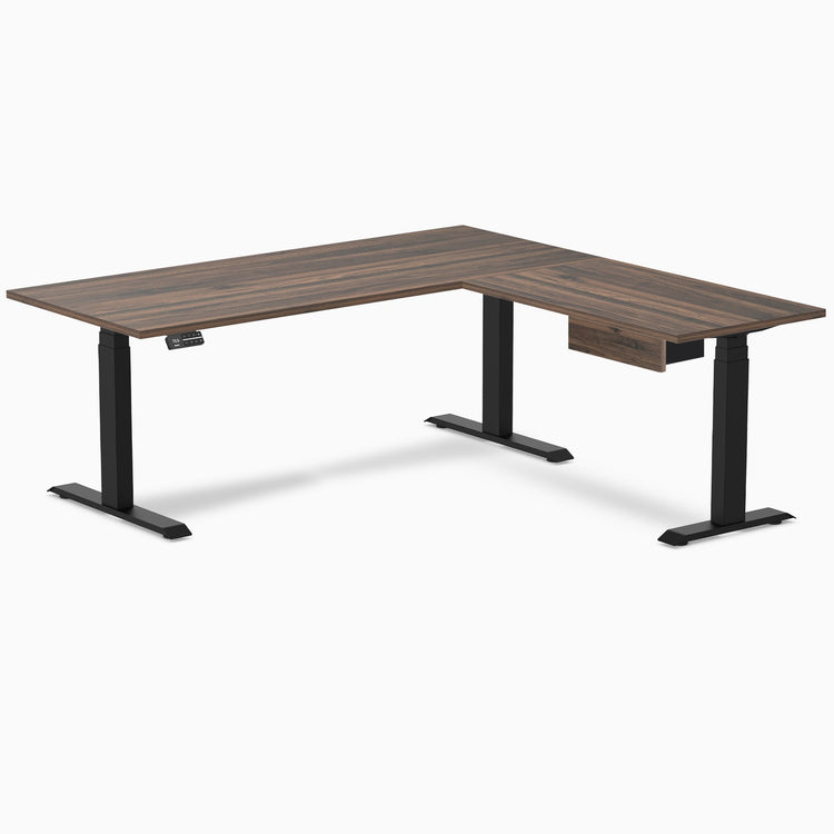 Desky Eco L-Shape Melamine Standing Desk With Drawer, Jarrah Legno desktop, Matte Black frame