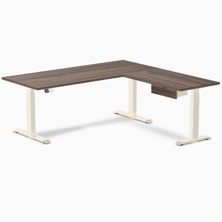 Desky Eco L-Shape Melamine Standing Desk With Drawer, Jarrah Legno desktop, Wheat frame