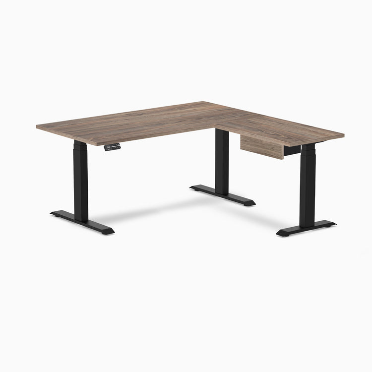 Desky Eco L-Shape Melamine Standing Desk With Drawer, Natural Walnut desktop, Matte Black frame