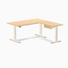 Desky Eco L-Shape Melamine Standing Desk With Drawer, Sublime Teak desktop, Wheat frame