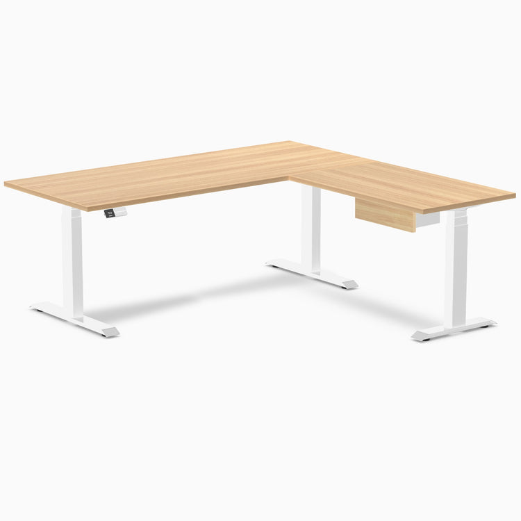 Desky Eco L-Shape Melamine Standing Desk With Drawer, Sublime Teak desktop, White frame