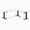 Desky Eco L-Shape Melamine Standing Desk With Drawer, White desktop, Matte Black frame