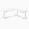 Desky Eco L-Shape Melamine Standing Desk With Drawer, White desktop, Wheat frame
