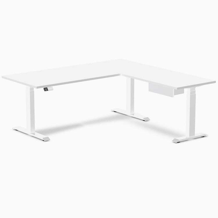 Desky Eco L-Shape Melamine Standing Desk With Drawer, White desktop, White frame