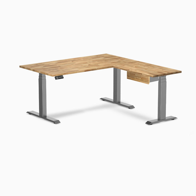 Desky Hardwood L-Shape Standing Desk With Drawer, Acacia desktop, Space Grey frame