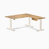 Desky Hardwood L-Shape Standing Desk With Drawer, Teak desktop, Wheat frame