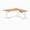 Desky Hardwood L-Shape Standing Desk With Drawer, Acacia desktop, White frame