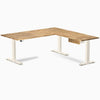 Desky Hardwood L-Shape Standing Desk With Drawer, Teak desktop, Wheat frame
