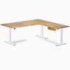 Desky Hardwood L-Shape Standing Desk With Drawer, Acacia desktop, White frame
