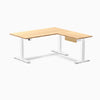 Desky Bamboo L-Shape Standing Desk With Drawer, Bamboo desktop, White frame