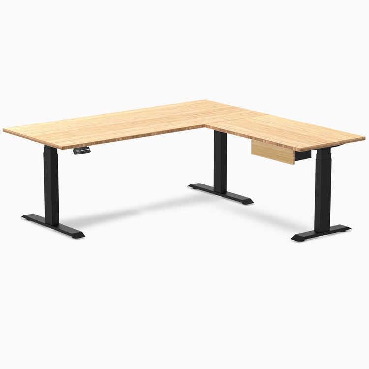 Desky Bamboo L-Shape Standing Desk With Drawer, Bamboo desktop, Matte Black frame