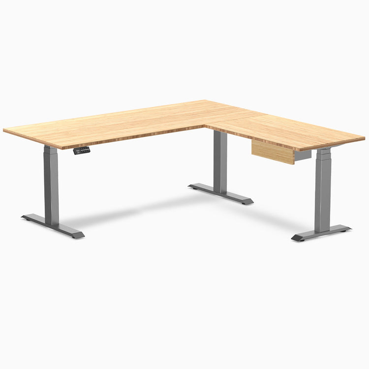 Desky Bamboo L-Shape Standing Desk With Drawer, Bamboo desktop, Space Grey frame