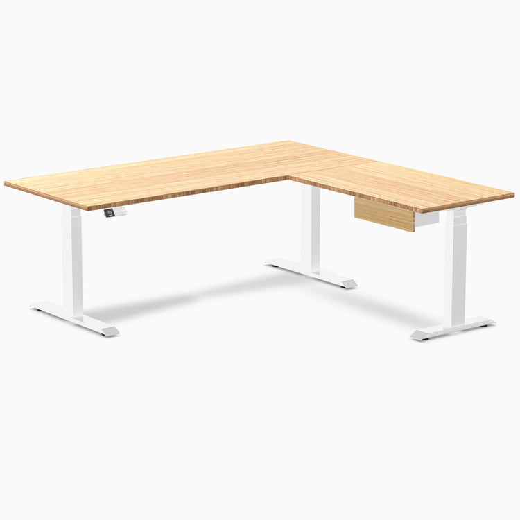 Desky Bamboo L-Shape Standing Desk With Drawer, Bamboo desktop, White frame