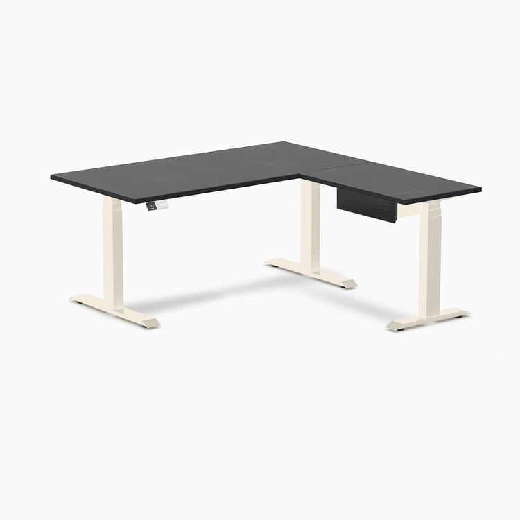 Desky Hardwood L-Shape Standing Desk With Drawer, Black Ash desktop, Wheat frame
