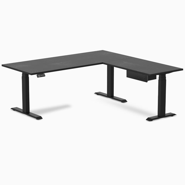 Desky Hardwood L-Shape Standing Desk With Drawer, Black Ash desktop, Matte Black frame