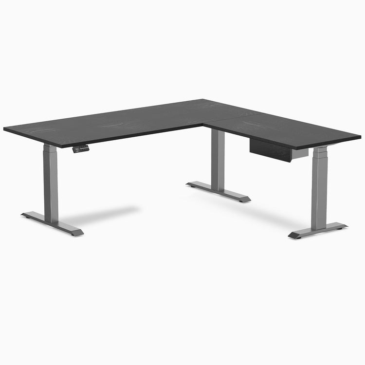 Desky Hardwood L-Shape Standing Desk With Drawer, Black Ash desktop, Space Grey frame