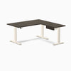 Desky Bamboo L-Shape Standing Desk With Drawer, Dark Bamboo desktop, Wheat frame