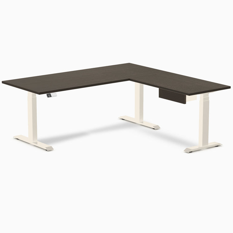 Desky Bamboo L-Shape Standing Desk With Drawer, Dark Bamboo desktop, Wheat frame