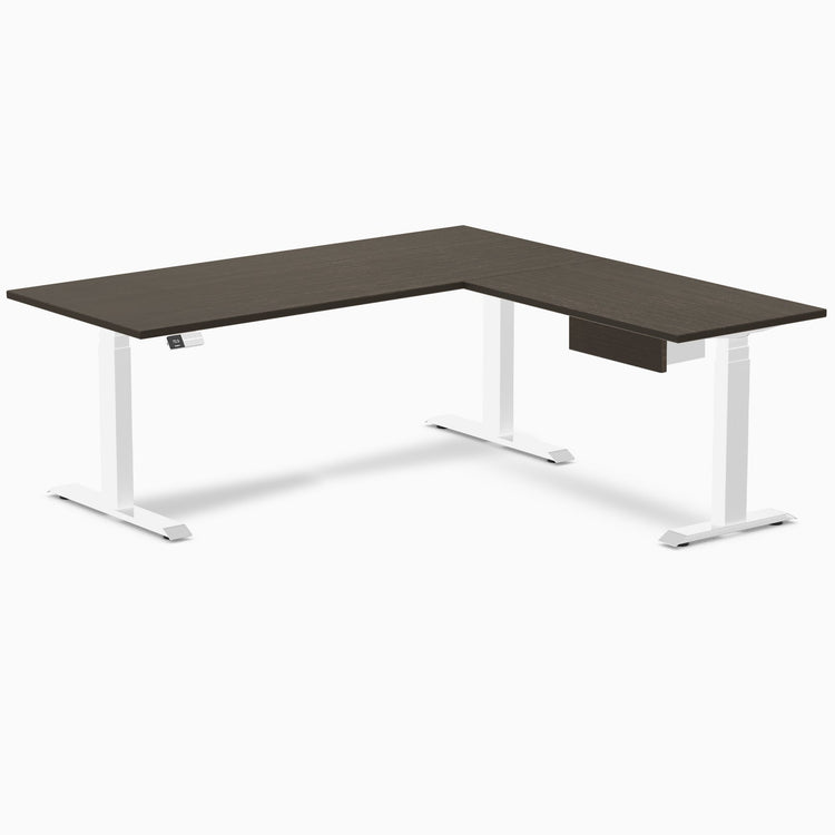 Desky Bamboo L-Shape Standing Desk With Drawer, Dark Bamboo desktop, White frame