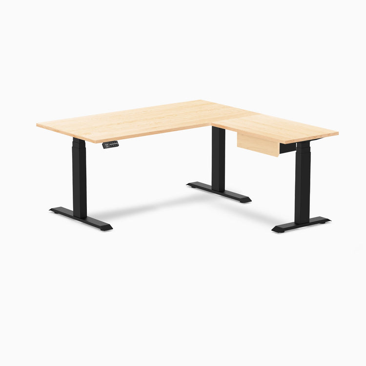 Desky Hardwood L-Shape Standing Desk With Drawer, Maple desktop, Matte Black frame