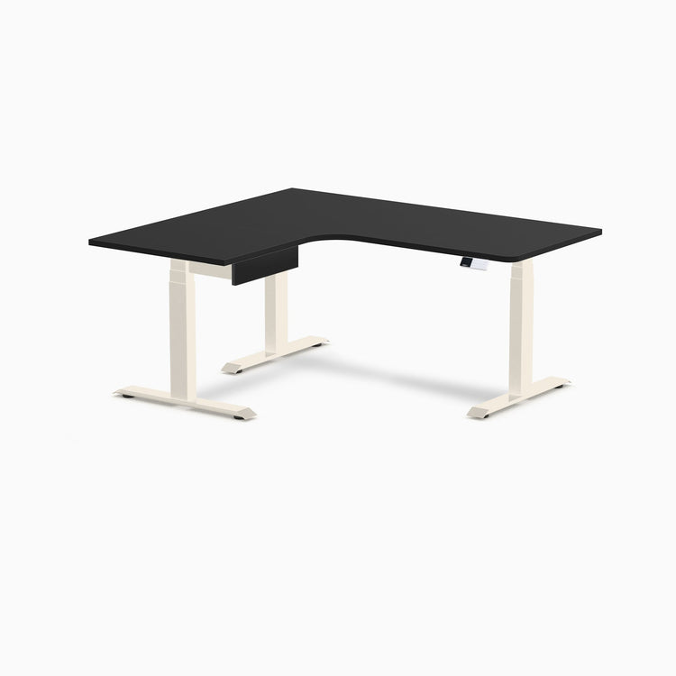 Desky L-Shape Melamine Standing Desk With Drawer, Black desktop, Wheat frame