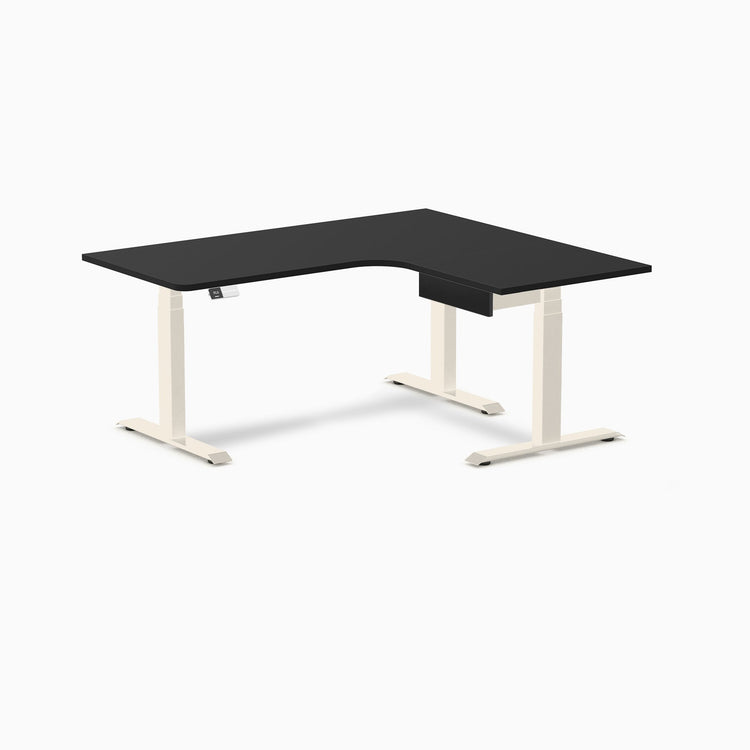 Desky L-Shape Melamine Standing Desk With Drawer, Black desktop, Wheat frame