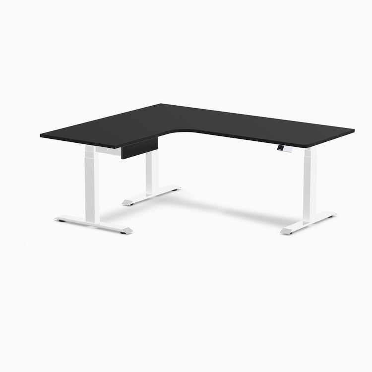Desky L-Shape Melamine Standing Desk With Drawer, Black desktop, White frame