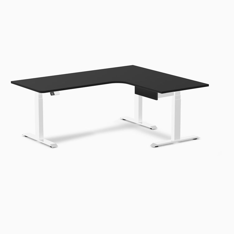 Desky L-Shape Melamine Standing Desk With Drawer, Black desktop, White frame