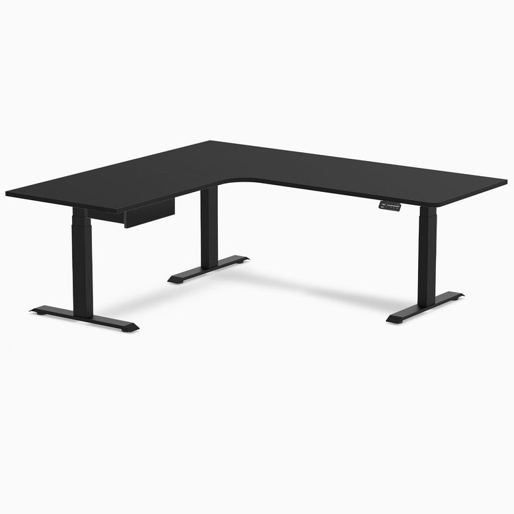 Desky L-Shape Melamine Standing Desk With Drawer, Black desktop, Matte Black frame