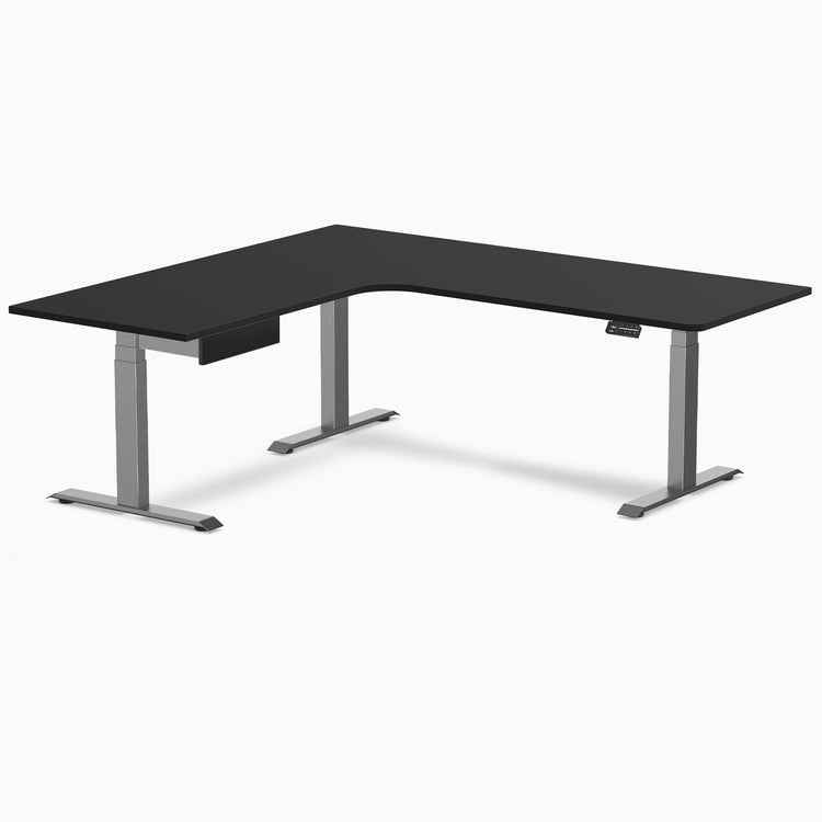 Desky L-Shape Melamine Standing Desk With Drawer, Black desktop, Space Grey frame