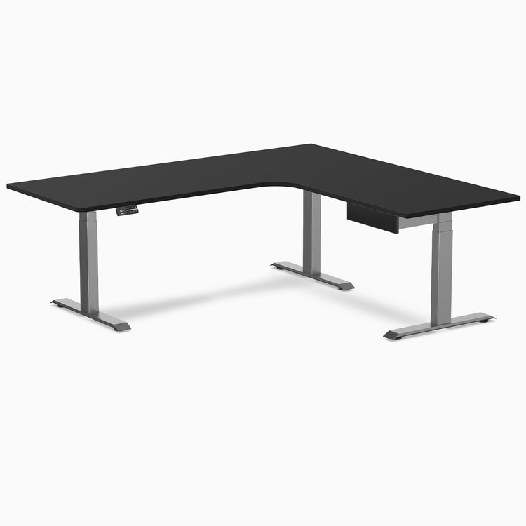 Desky L-Shape Melamine Standing Desk With Drawer, Black desktop, Space Grey frame