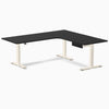 Desky L-Shape Melamine Standing Desk With Drawer, Black desktop, Wheat frame