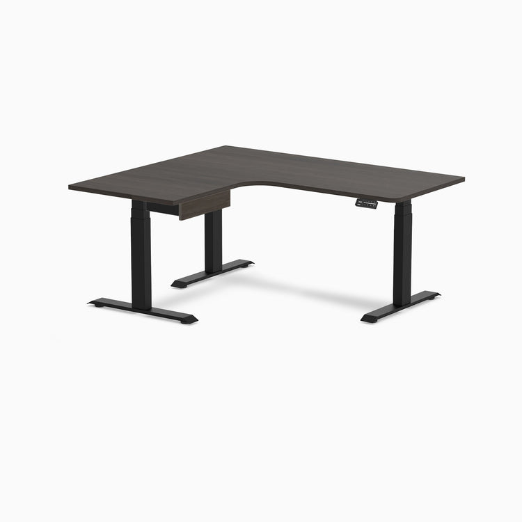 Desky L-Shape Melamine Standing Desk With Drawer, Burnished Wood desktop, Matte Black frame