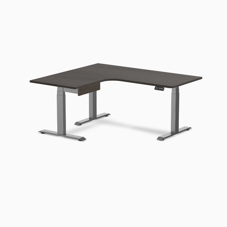 Desky L-Shape Melamine Standing Desk With Drawer, Burnished Wood desktop, Space Grey frame