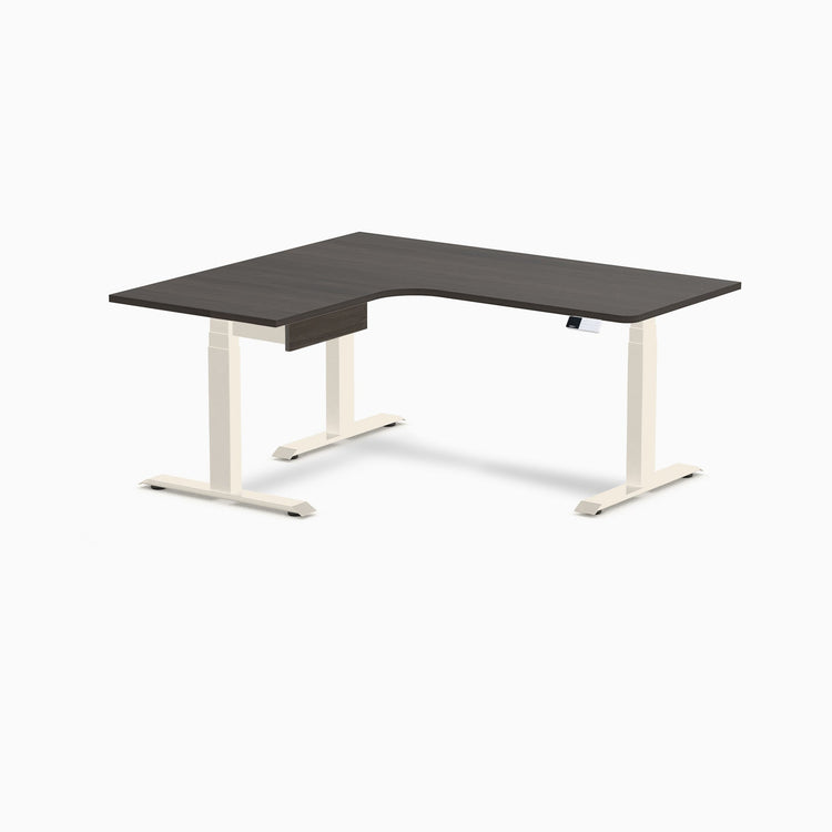 Desky L-Shape Melamine Standing Desk With Drawer, Burnished Wood desktop, Wheat frame