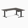 Desky L-Shape Melamine Standing Desk With Drawer, Burnished Wood desktop, Matte Black frame