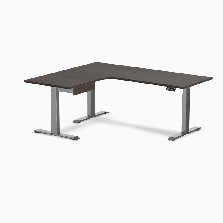 Desky L-Shape Melamine Standing Desk With Drawer, Burnished Wood desktop, Space Grey frame