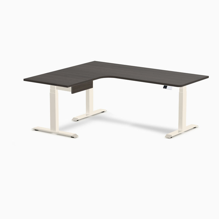 Desky L-Shape Melamine Standing Desk With Drawer, Burnished Wood desktop, Wheat frame
