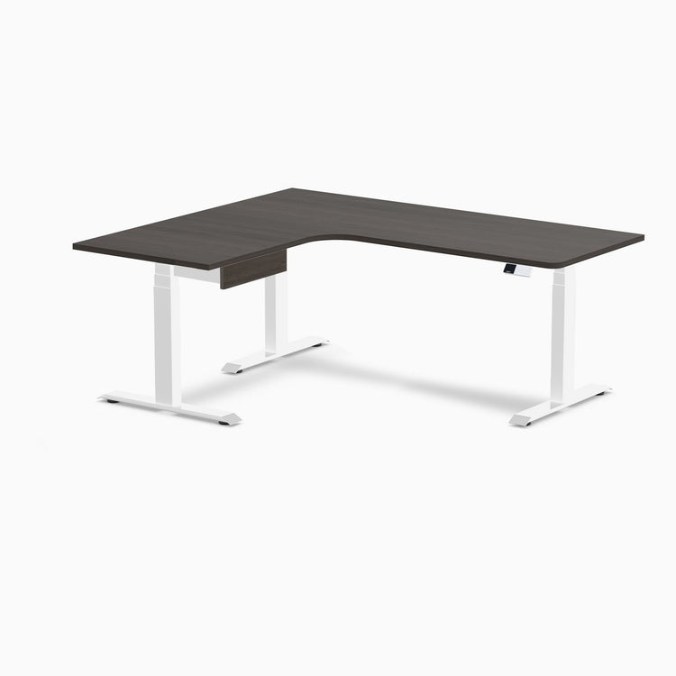 Desky L-Shape Melamine Standing Desk With Drawer, Burnished Wood desktop, White frame