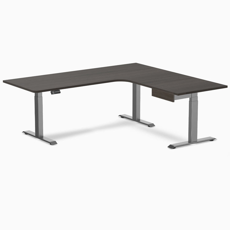 Desky L-Shape Melamine Standing Desk With Drawer, Burnished Wood desktop, Space Grey frame