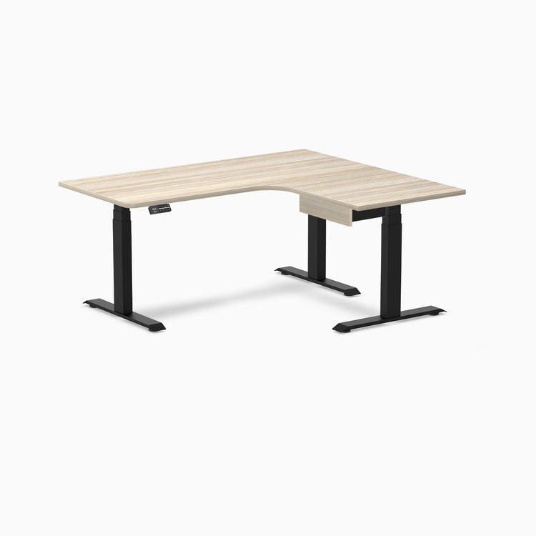 Desky L-Shape Melamine Standing Desk With Drawer, Classic Oak desktop, Matte Black frame