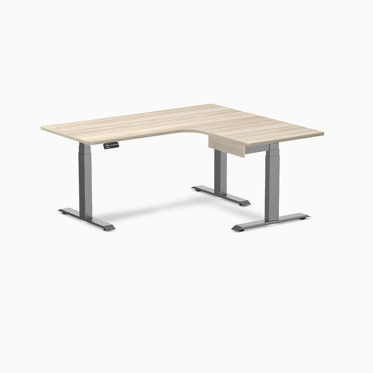 Desky L-Shape Melamine Standing Desk With Drawer, Classic Oak desktop, Space Grey frame