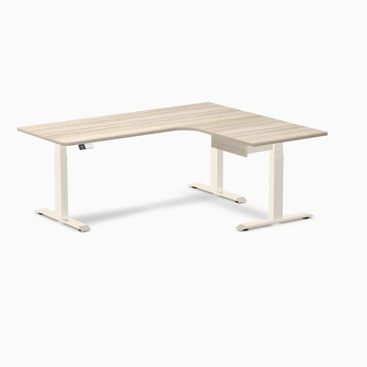 Desky L-Shape Melamine Standing Desk With Drawer, Classic Oak desktop, Wheat frame