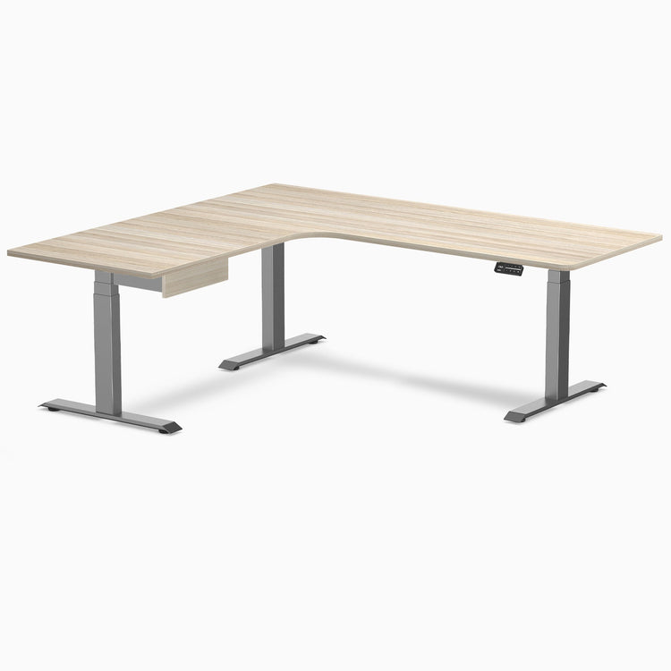 Desky L-Shape Melamine Standing Desk With Drawer, Classic Oak desktop, Space Grey frame