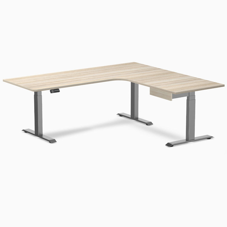 Desky L-Shape Melamine Standing Desk With Drawer, Classic Oak desktop, Space Grey frame