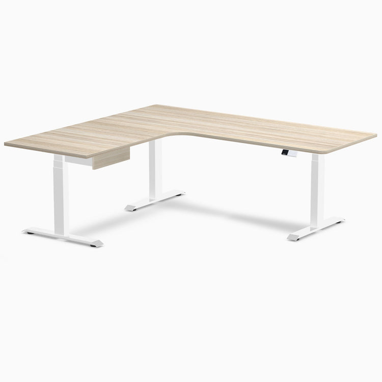 Desky L-Shape Melamine Standing Desk With Drawer, Classic Oak desktop, White frame